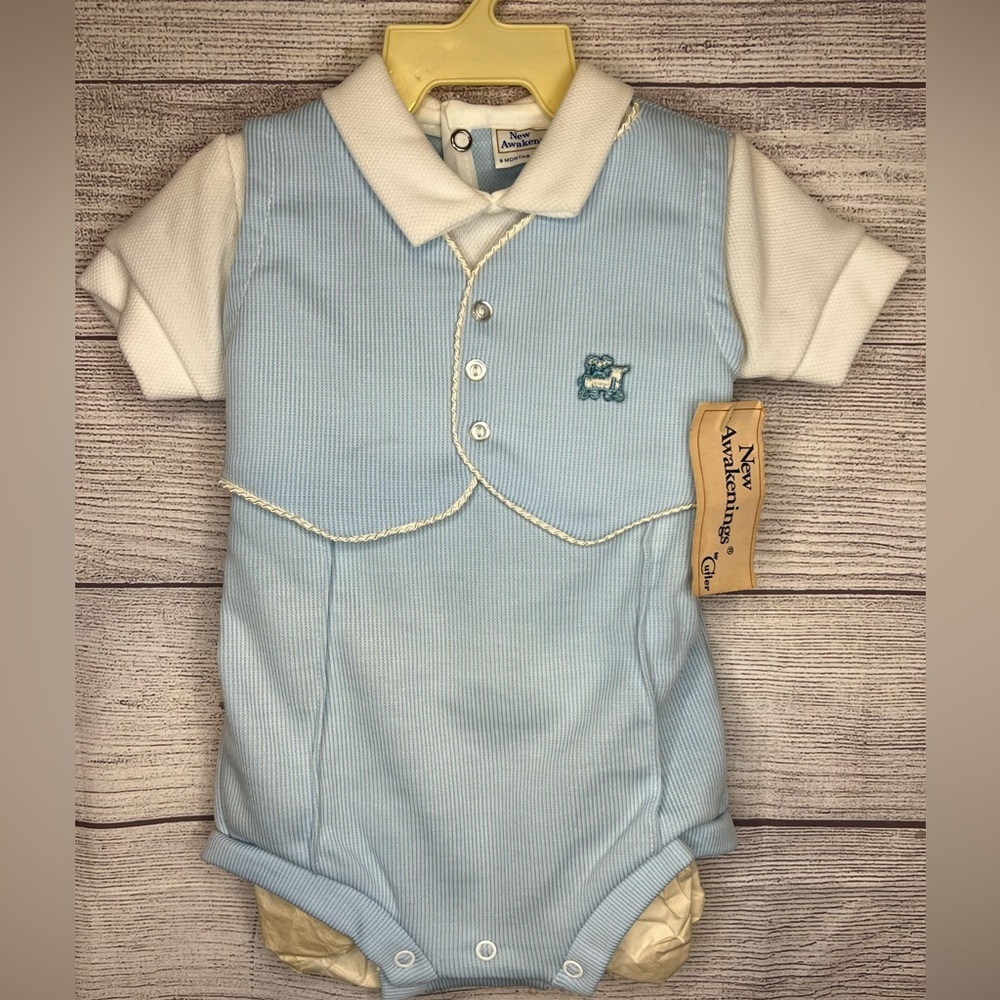 Vintage NWT New Awakenings by Cutler Baby Romper 9M Blue White Made in USA